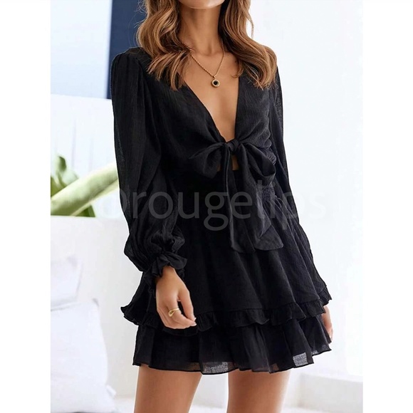 Black Boho Mini Dress Frill, Ruffle Hem Shirred Waist Fit & Flare - Picture 3 of 8